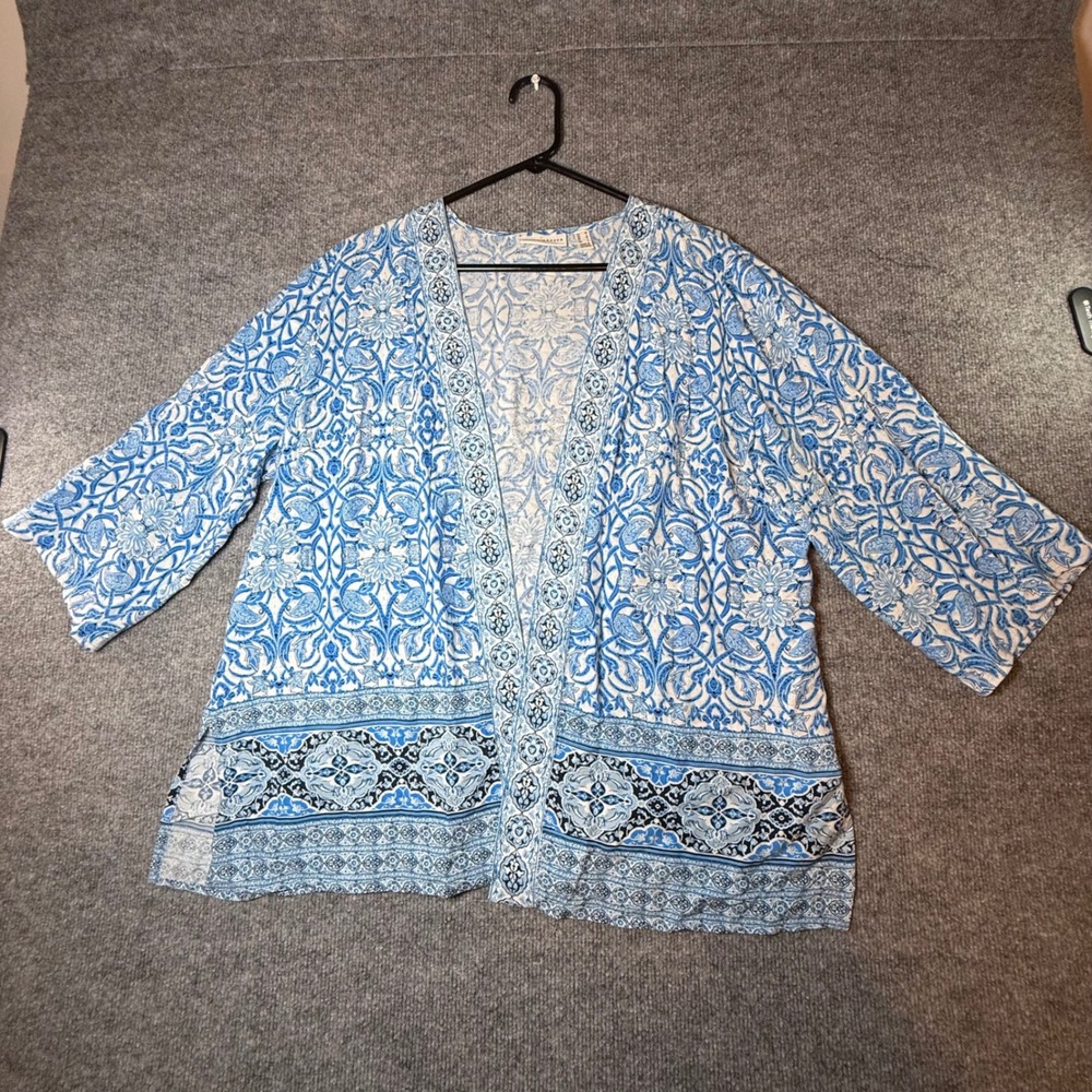 Susan Graver Womens Blue White Paisley Damask Open Front Kimono Cardigan Medium